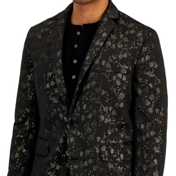 🩵NWT INC Black & Gold Floral Jacquard Blazer Men's XSmall - Picture 1 of 14